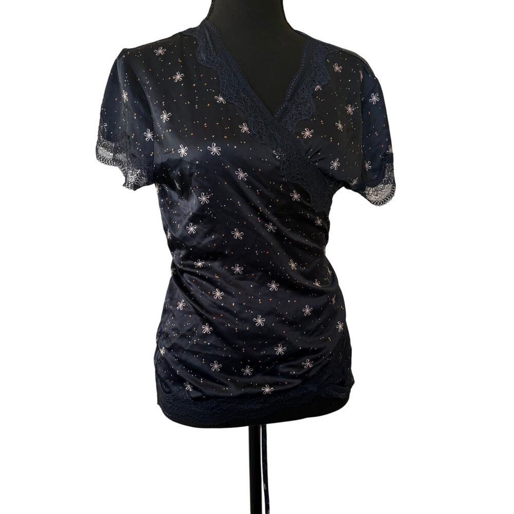 Chelsea Black Wrap Blouse Lace Trim Star Print Size M